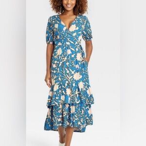 Knox Rose Blue Floral Wrap Double Ruffle Boho Cottage Core Midi  Dress XXL